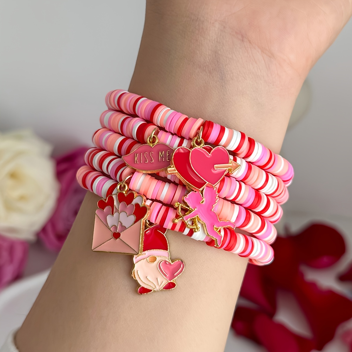 

5pcs Romantic Pottery Valentine's Day Bracelets, Love/cupid/love Letter Pendant Elastic Bracelet, Holiday Gift