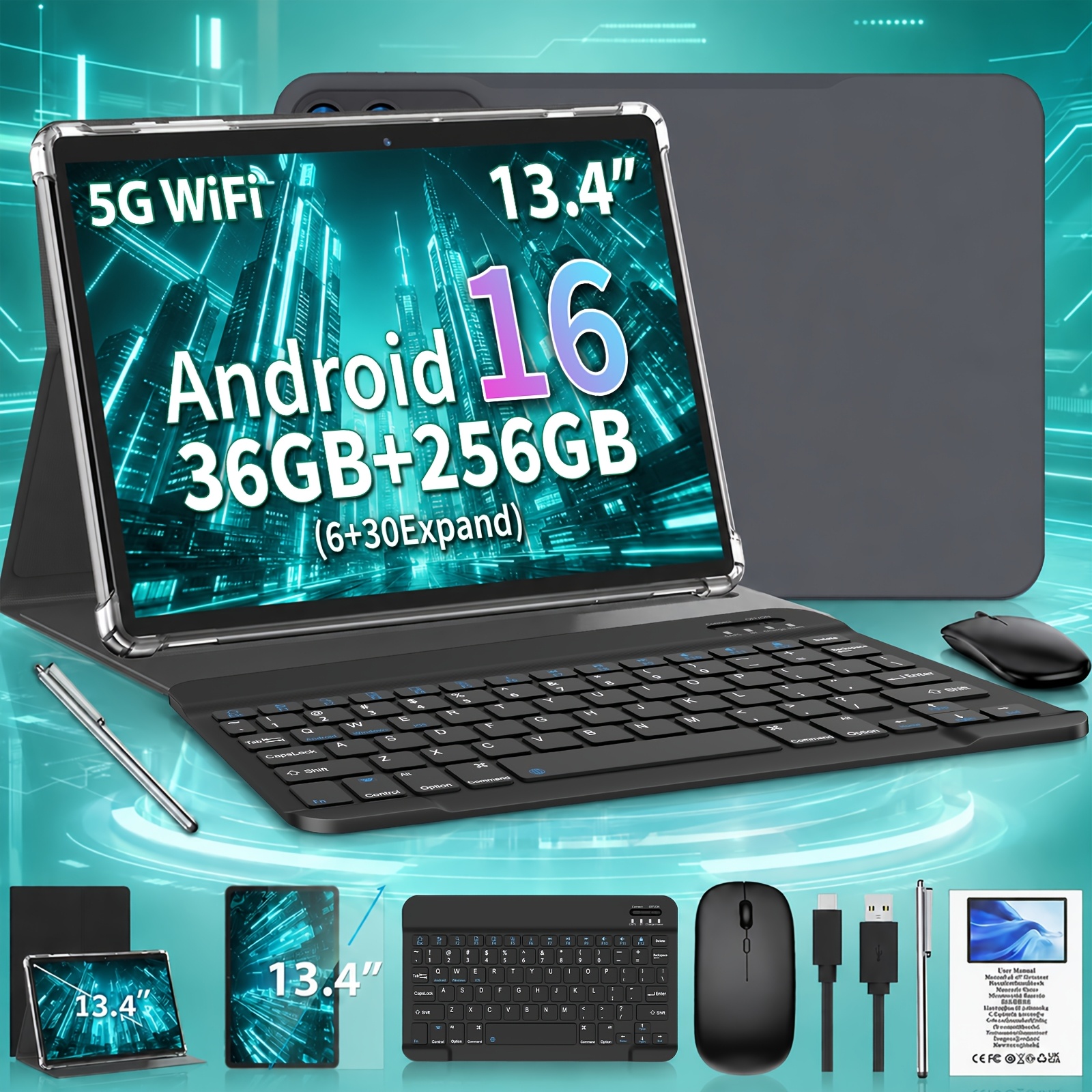 TEMU Nueva Tablet 16 de 2026, 36GB (6+30) RAM, 256GB ROM + 1TB Expandible, Pantalla de 13.4 pulgadas, Batería de 10000 Mah, CPU -Core, 1920X1200 HD,