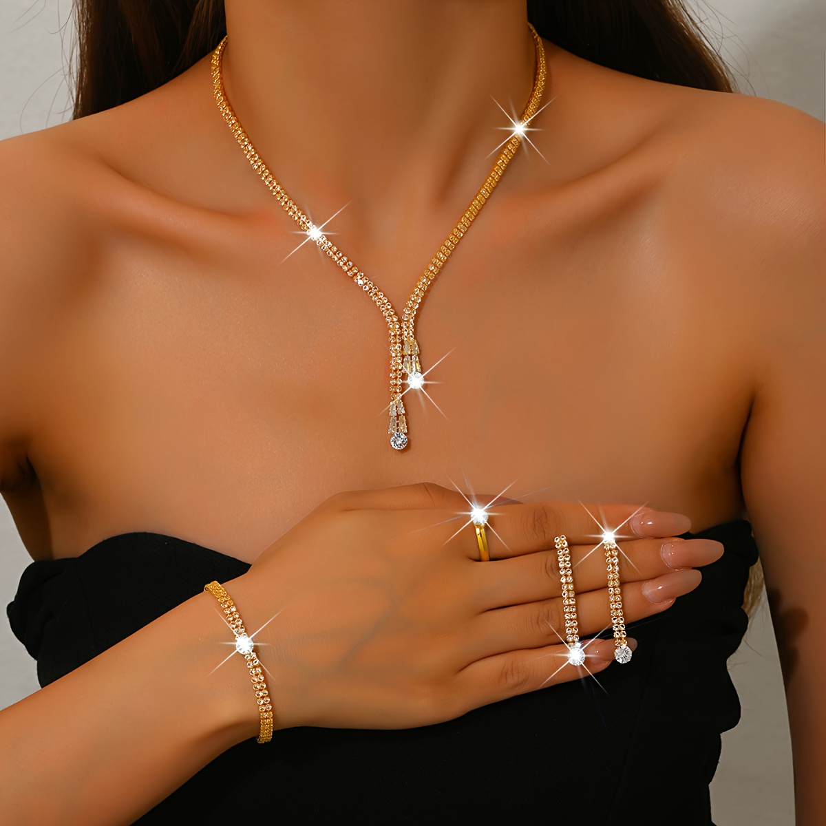 4pcs bling bling set suitable for wedding party accessories   birthstone necklace earrings bracelet ring   outfit for prom gala year   affordable luxury 4pcs collection details 1