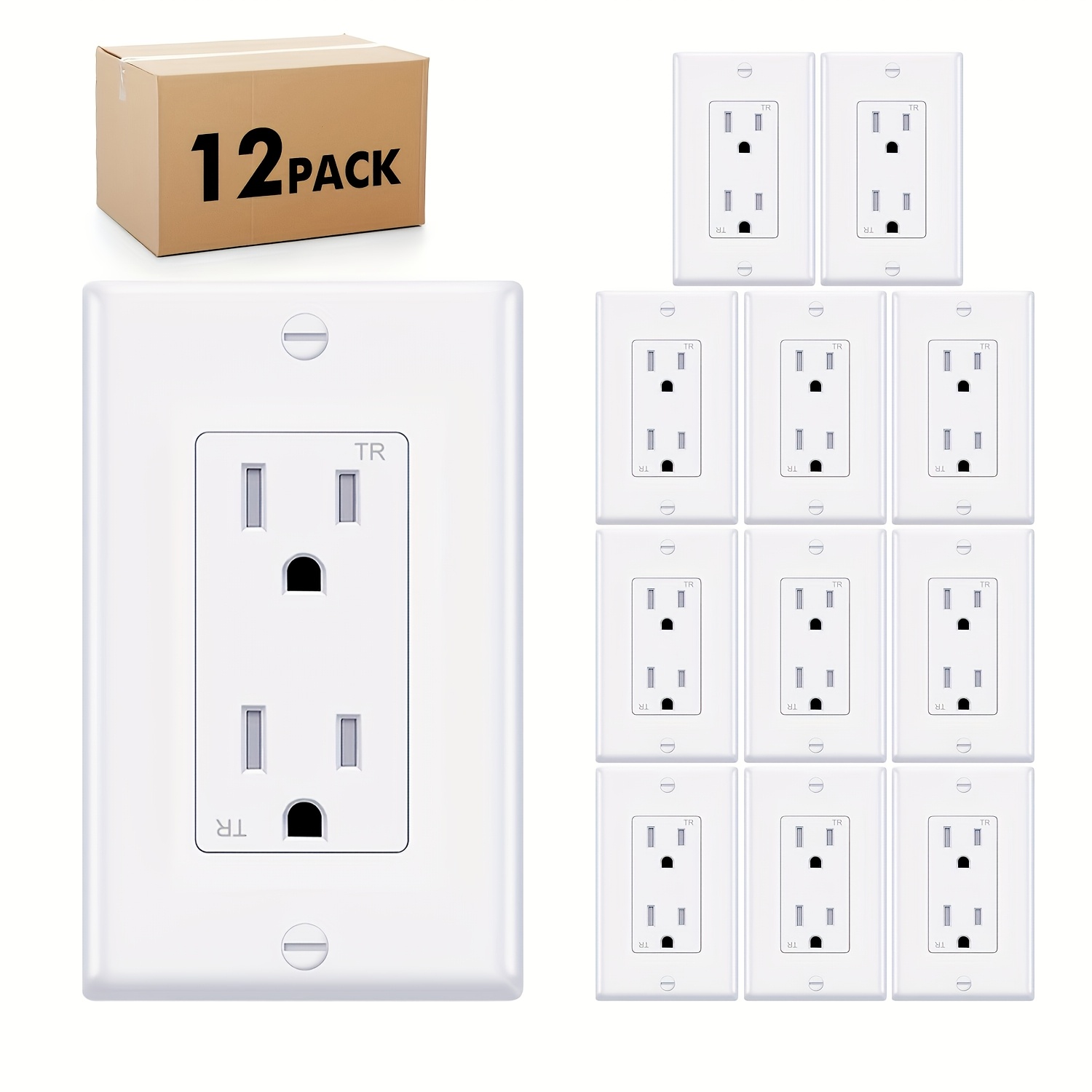 TEMU [12/-pack] White 15 Amp 125 Volt Decorator Receptacle Outlet | Tamper-resistant Electrical Outlet | Residential And Commercial Use | Wallplate
