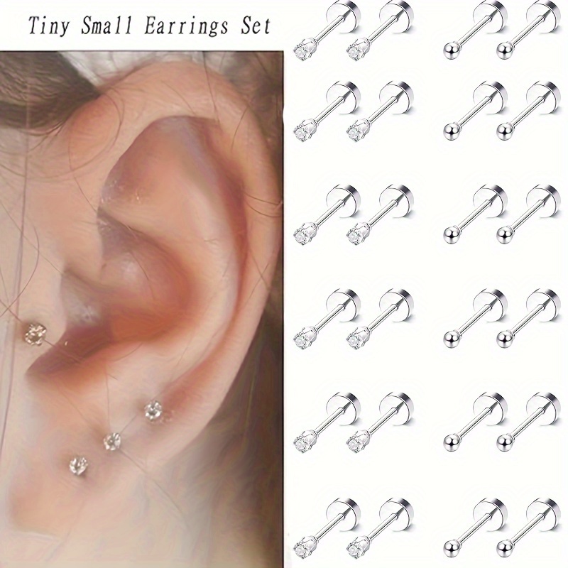E-shop 12 Paar Ohrstecker Set, Mini Ohrstecker, 2mm Oxidierte Zirkonia Flach Design, Kein Gefühl beim Tragen, Leichtes Design, Kein Entfernen zum