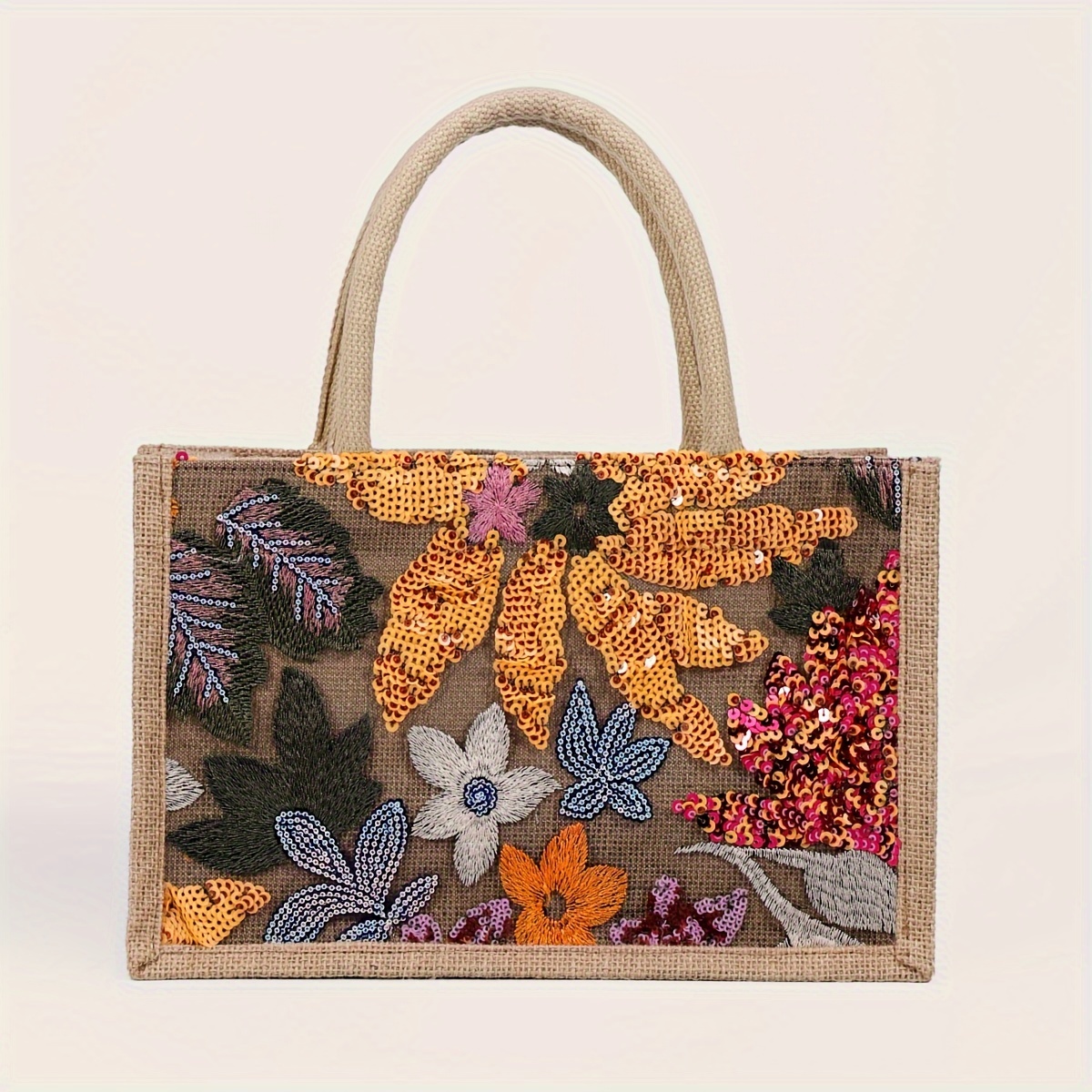 

Classic Embroidered Sequin Floral Tote Bag, Casual Style, Elegant Satchel Bag For Daily Use, Summer Vacation Satchel Bag