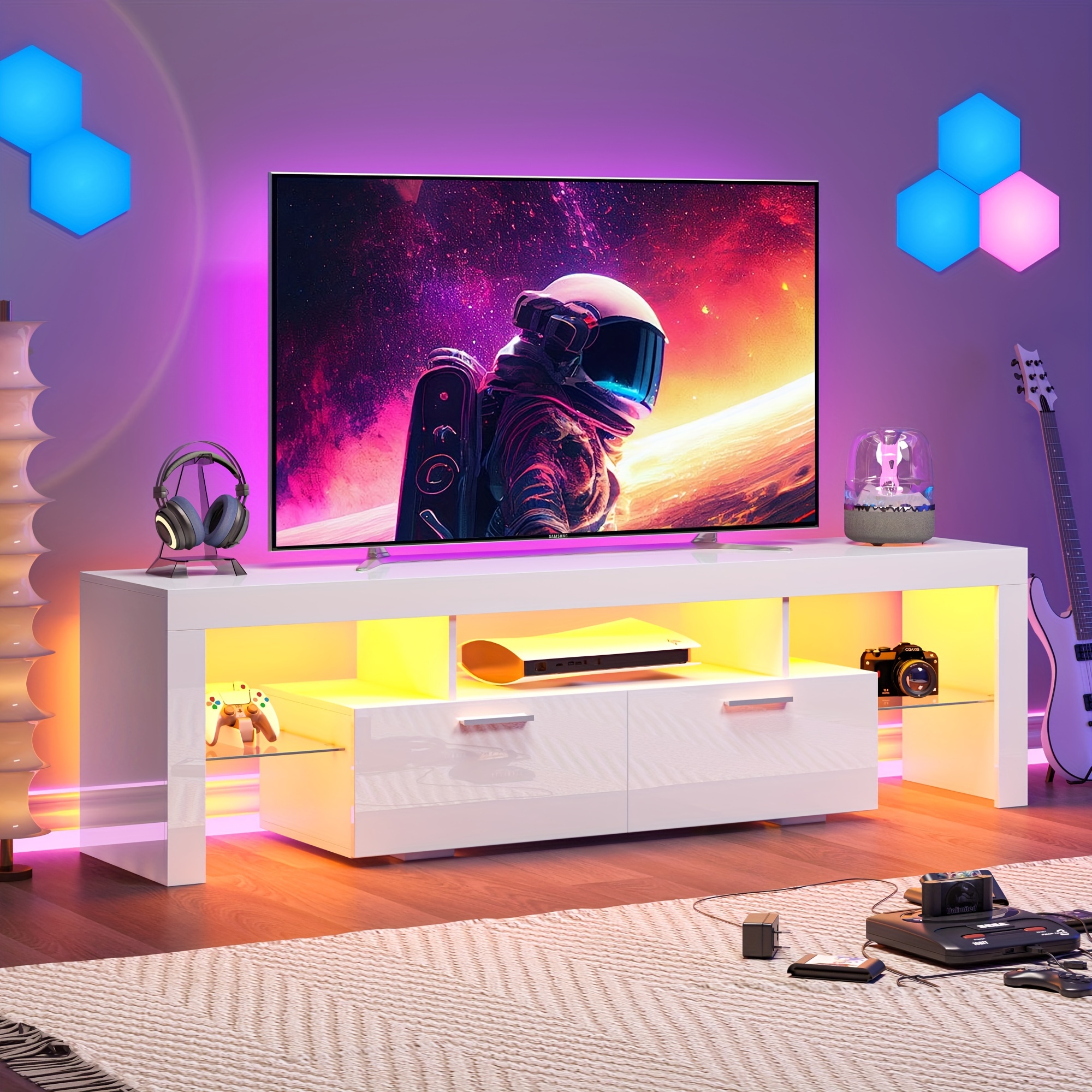 Modern High Gloss LED TV Stand for 55-80 Inch TVs - Storage Drawers