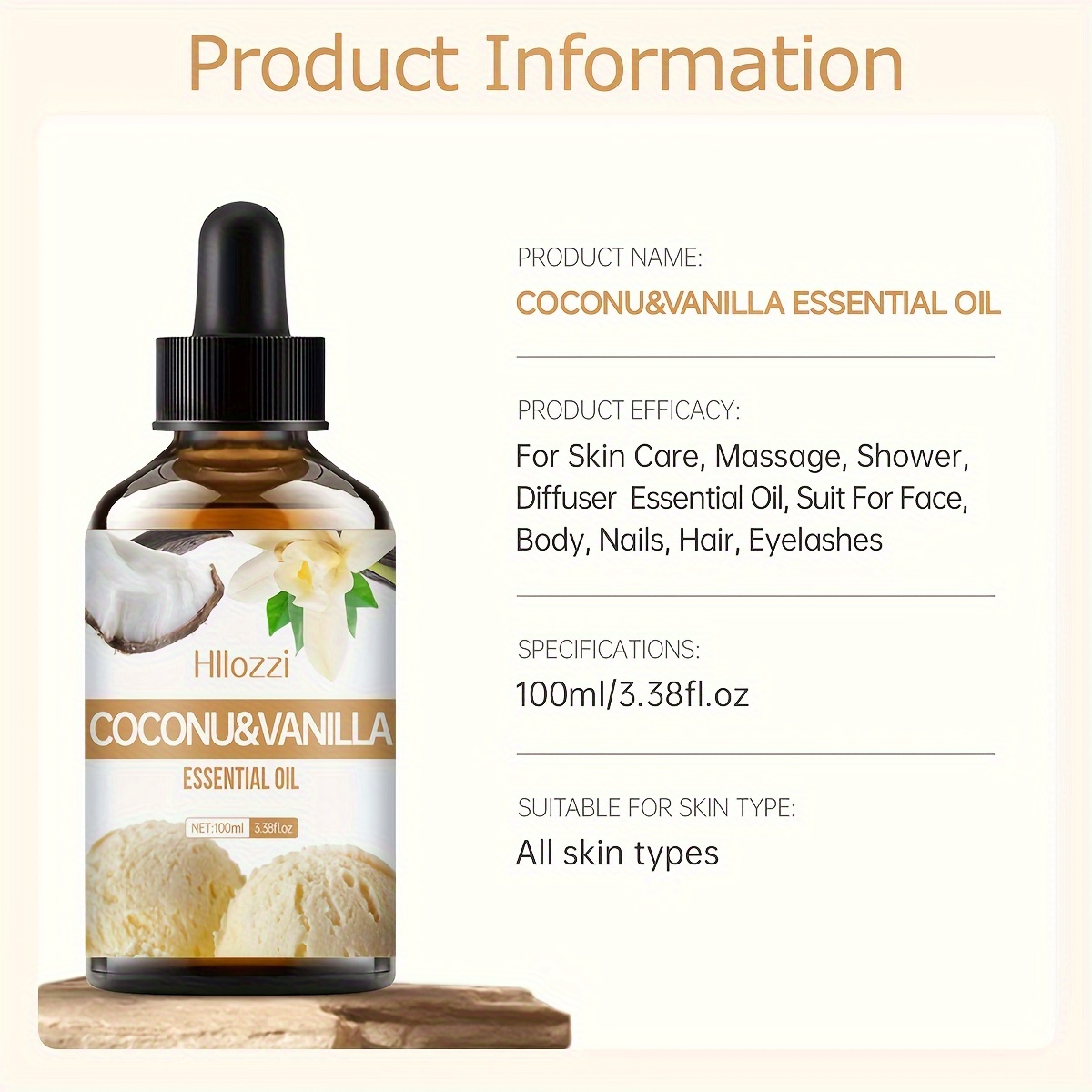 Huile Essentielle de Noix de Coco et Vanille, Adaptée pour le Massage du Visage et du Corps, Diffuseur de Douche, Voiture, Fabrication de Bougies DIY et Savonnerie, Parfum Durable, Hydratant sans Alcool