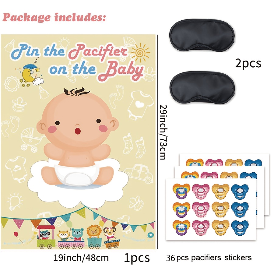TEMU 39pcs Party Game Blindfold Pacifier Poster Set, Includes 1 Poster, 2 Eye Masks, And 36 Pacifier Stickers, Gender Reveal Party Interactive Game
