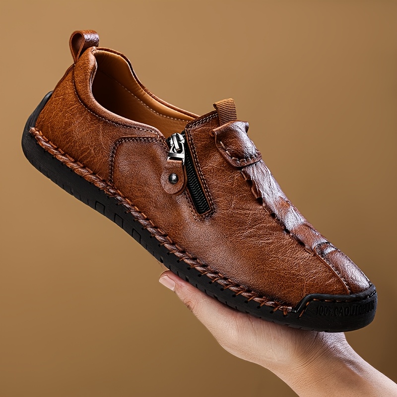 TEMU Mocassins pour Homme, Chaussures Plates, Chaussures Décontractées Souples à Piquage Main pour Homme, Fermeture Éclair Latérale, Chaussures,