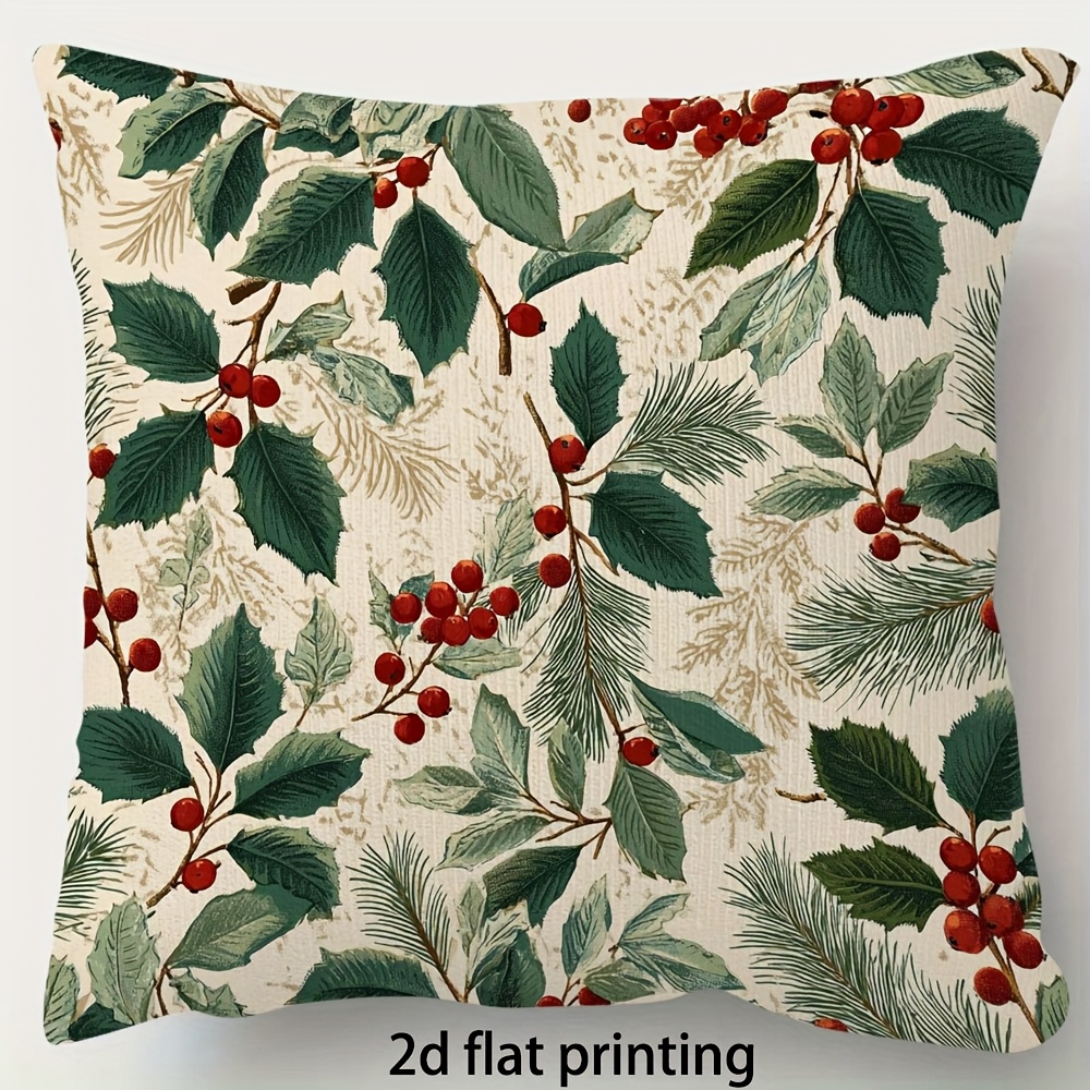TEMU 1pc Double-sided Retro Christmas Pillowcase With Zipper Closure, Red Berries And Pine Branches - Holiday Decor For Sofa, Living Room, Bedroom