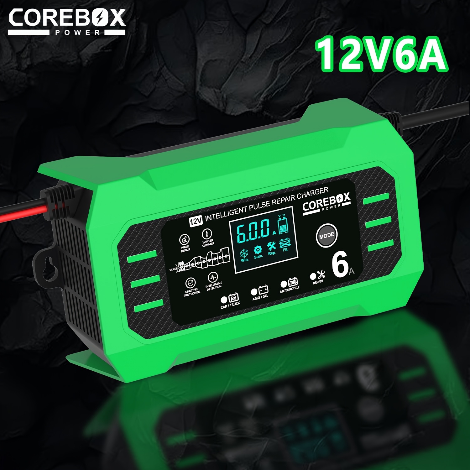 TEMU COREBOX Nouveau Modèle Chargeur et Entreteneur de Batterie de Voiture Intelligent 12V 6A avec Écran LCD | Alimentation 100-240V, Convient pour