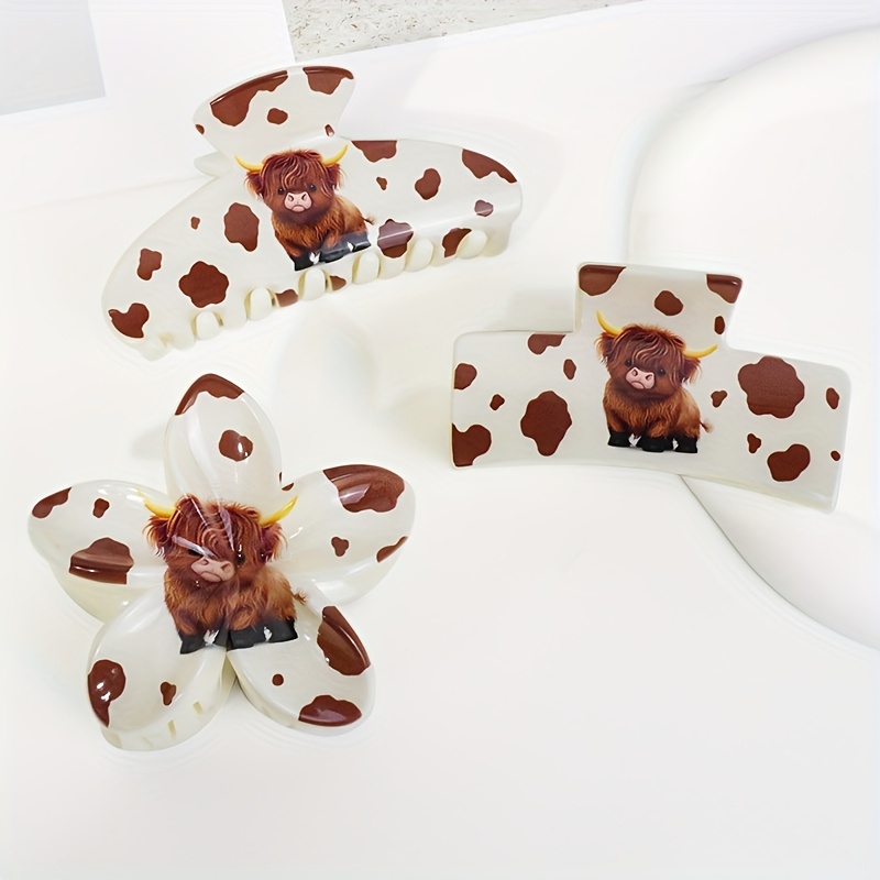 E-shop 3-teiliges Set stilvoller Vintage-Haaraccessoires im pastoralen Hochlandrind-Stil, Haarspangen mit Vintage-Kuh-/Leopardenmuster, niedliche
