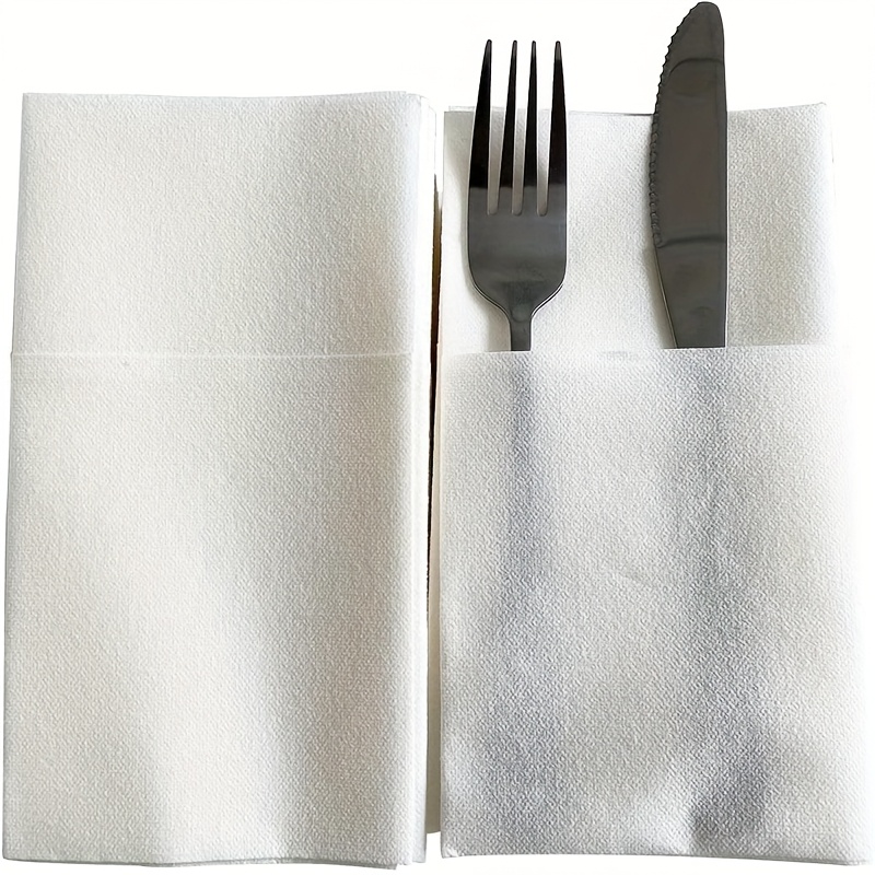 TEMU 45pcs White Textured Napkins With Built-in Cutlery Bag - Absorbent And Elegant Dining Table Decoration, Suitable For, Festivals, And Special