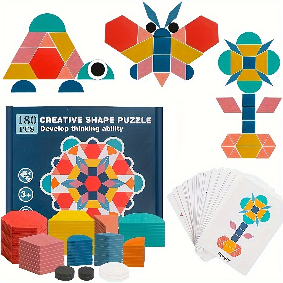 

Usatdd Wooden Pattern Blocks Set - 180 Pieces Geometric Shape Puzzle - Montessori Educational Toy For Kids - Early Learning Tangrams With 24 Flash Cards - Creative Shapes Jigsaw For Ages 3-6