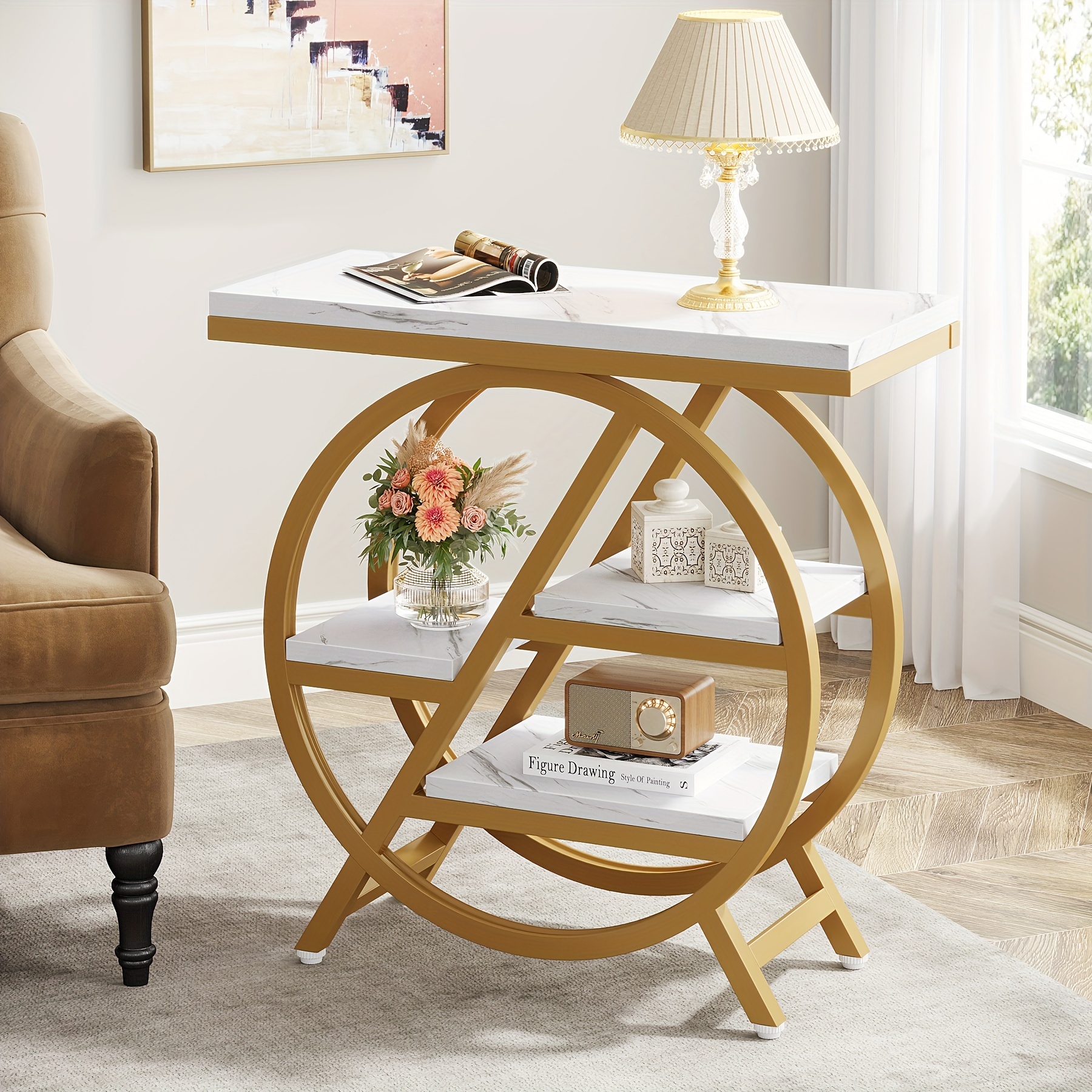 TEMU End Table, Industrial Side Table With 3 Storage Shelves, Wood Sofa Side Table With Geometric Metal Frame, Bedside Table For Living Room, Bedroom (1pcs)
