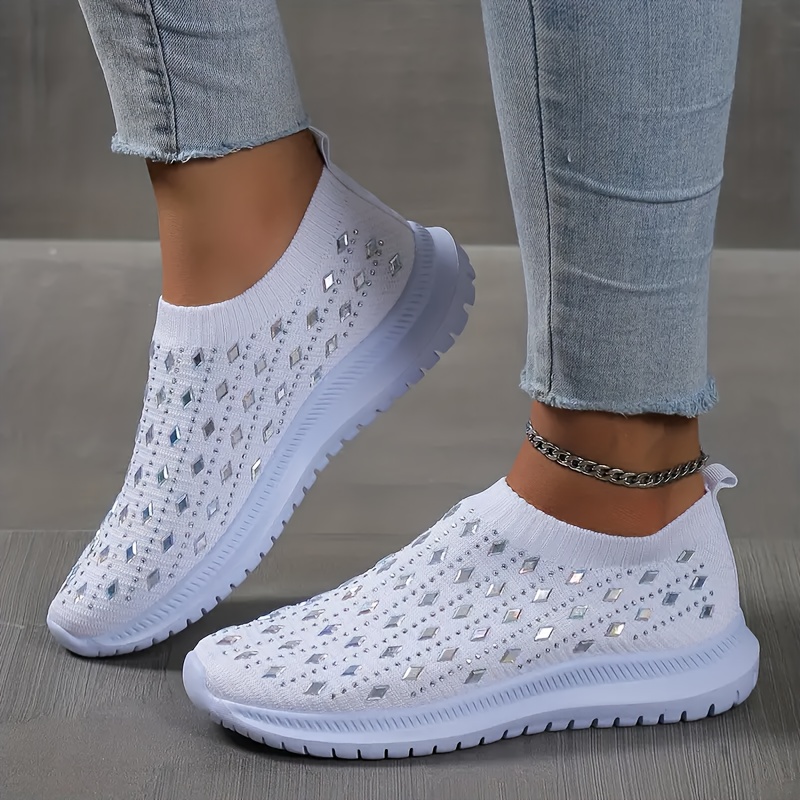 

Women's Casual Slip-on Sneakers, Solid Color Breathable Mesh With Rhinestones, Lightweight Sports Shoes