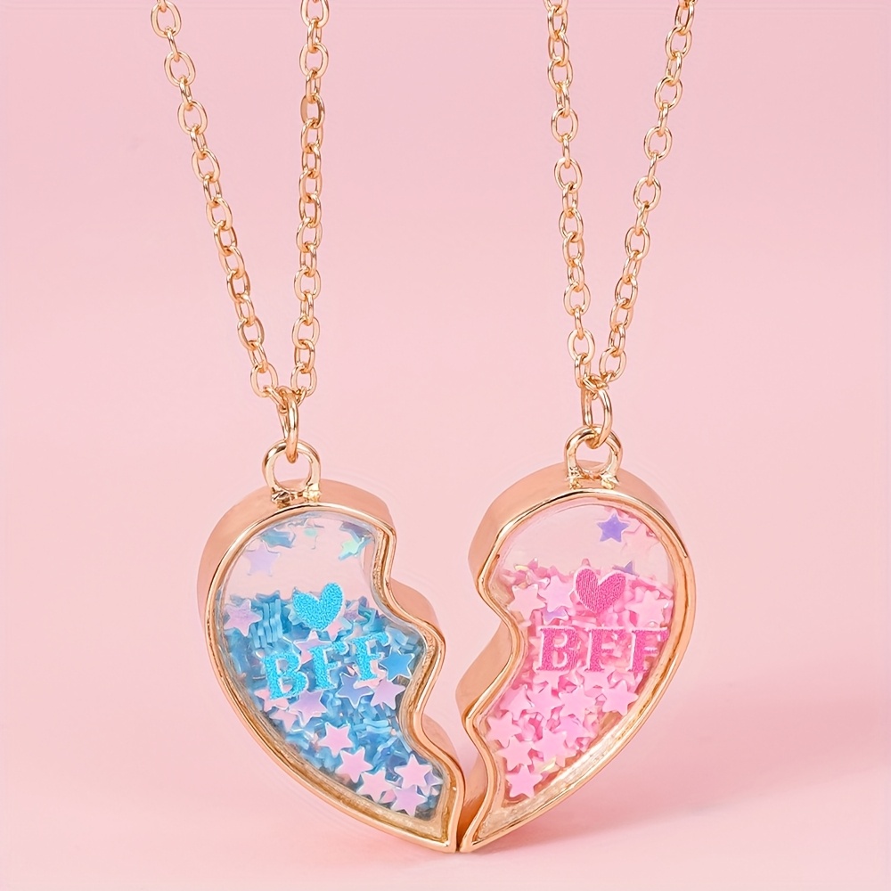 2pcs colorful star sequins wobble heart shaped pendants bff exquisite and fashionable necklaces best friend and best friend sets additions festival parties music festivals birthday gifts