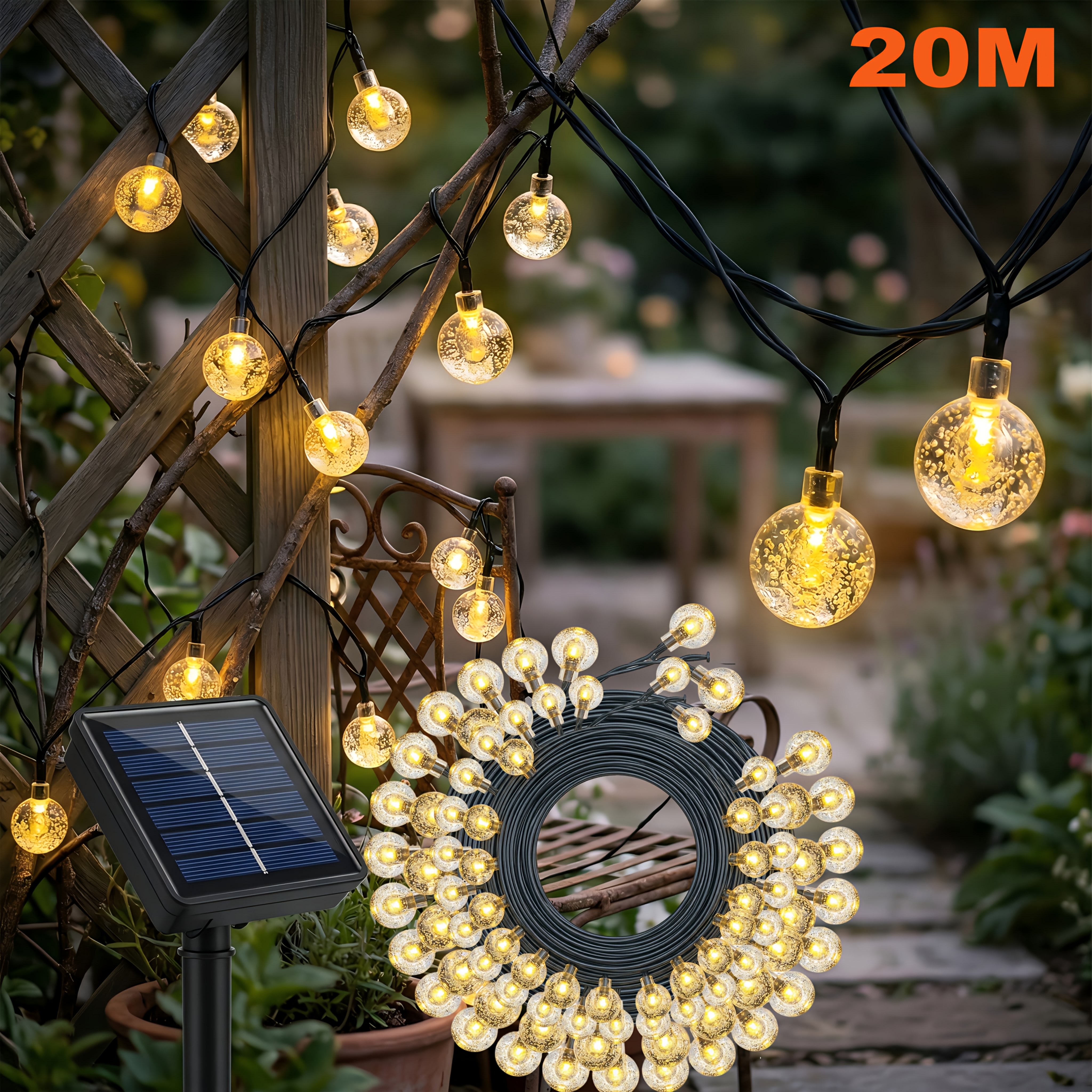 TEMU Guirlande Lumineuse Solaire Extérieure à Boules de Cristal, 95/190 LED Blanc Chaud avec 8 d'Éclairage, IP65, Ampoules Sphériques Incassables,