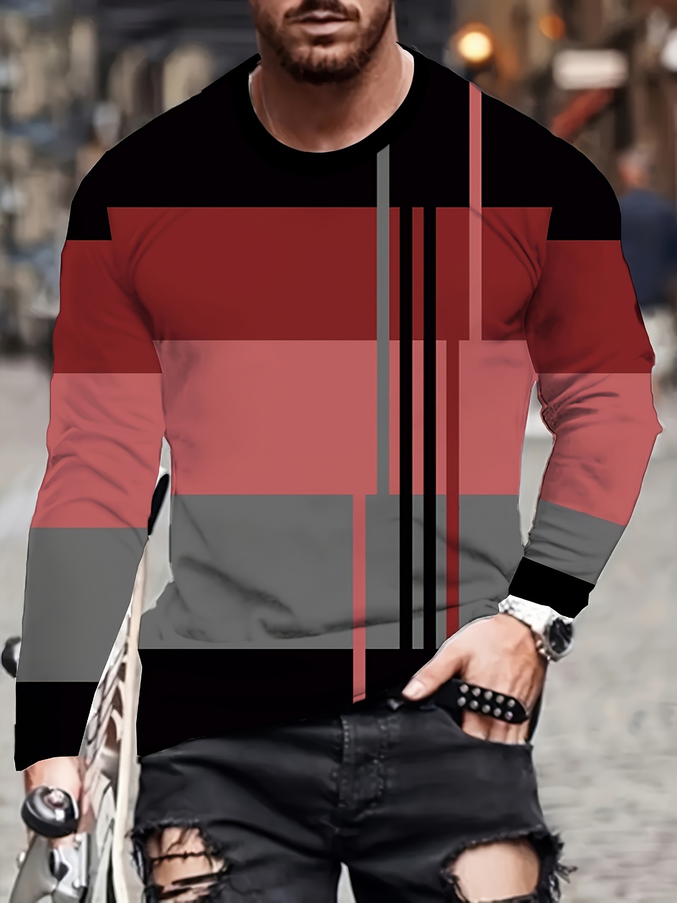 mens 3  print   striped long sleeve t shirt casual streetwear gym party shirt breathable round neck top for   machine washable regular   shirts streetstyle apparel durable casualwear
