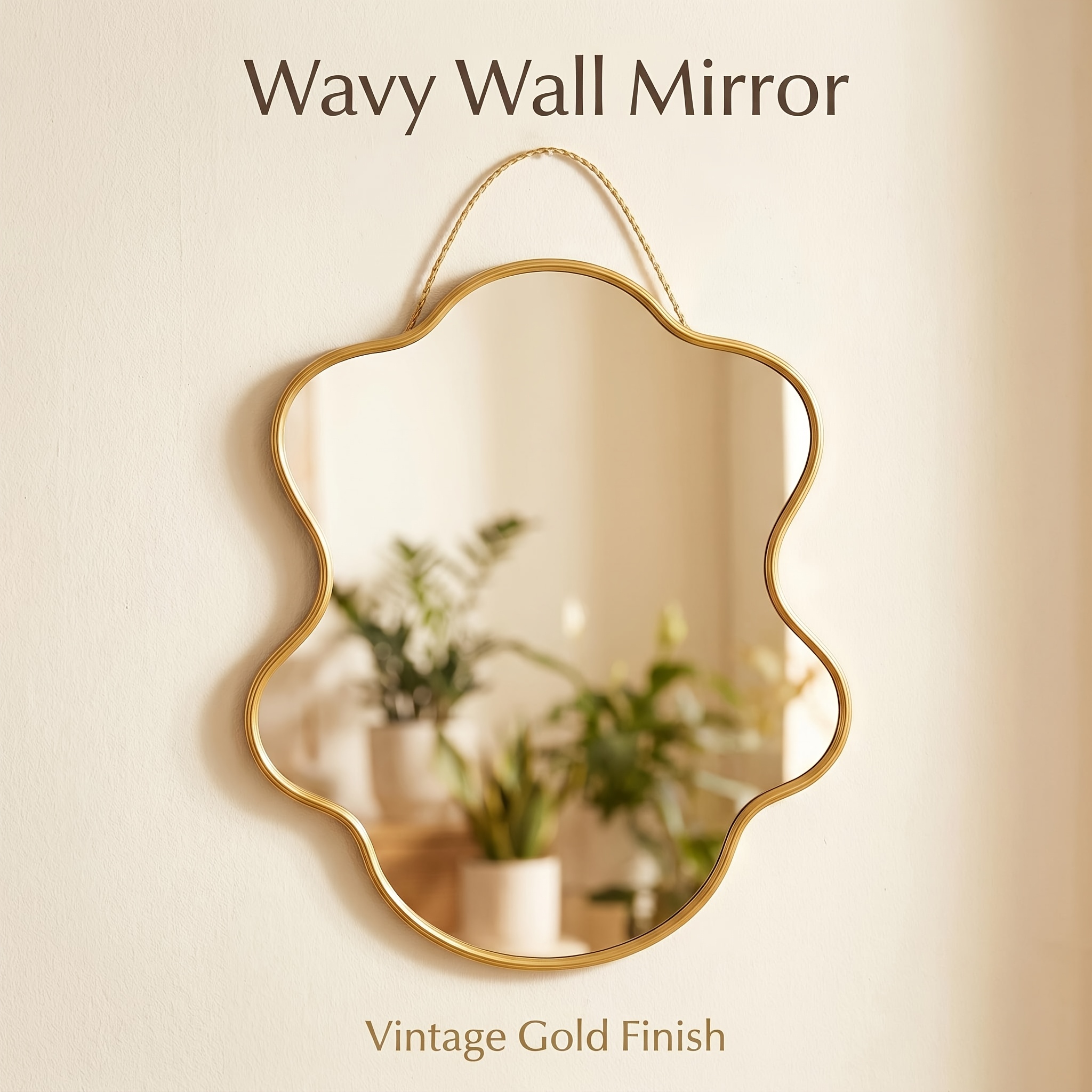 TEMU 1pc Wavy Golden Wall And Round Vertical Hanging Vanity Mirrors With Chain, Retro Nordic/shielded Frame Suitable For Bedroom, Bathroom Decor,