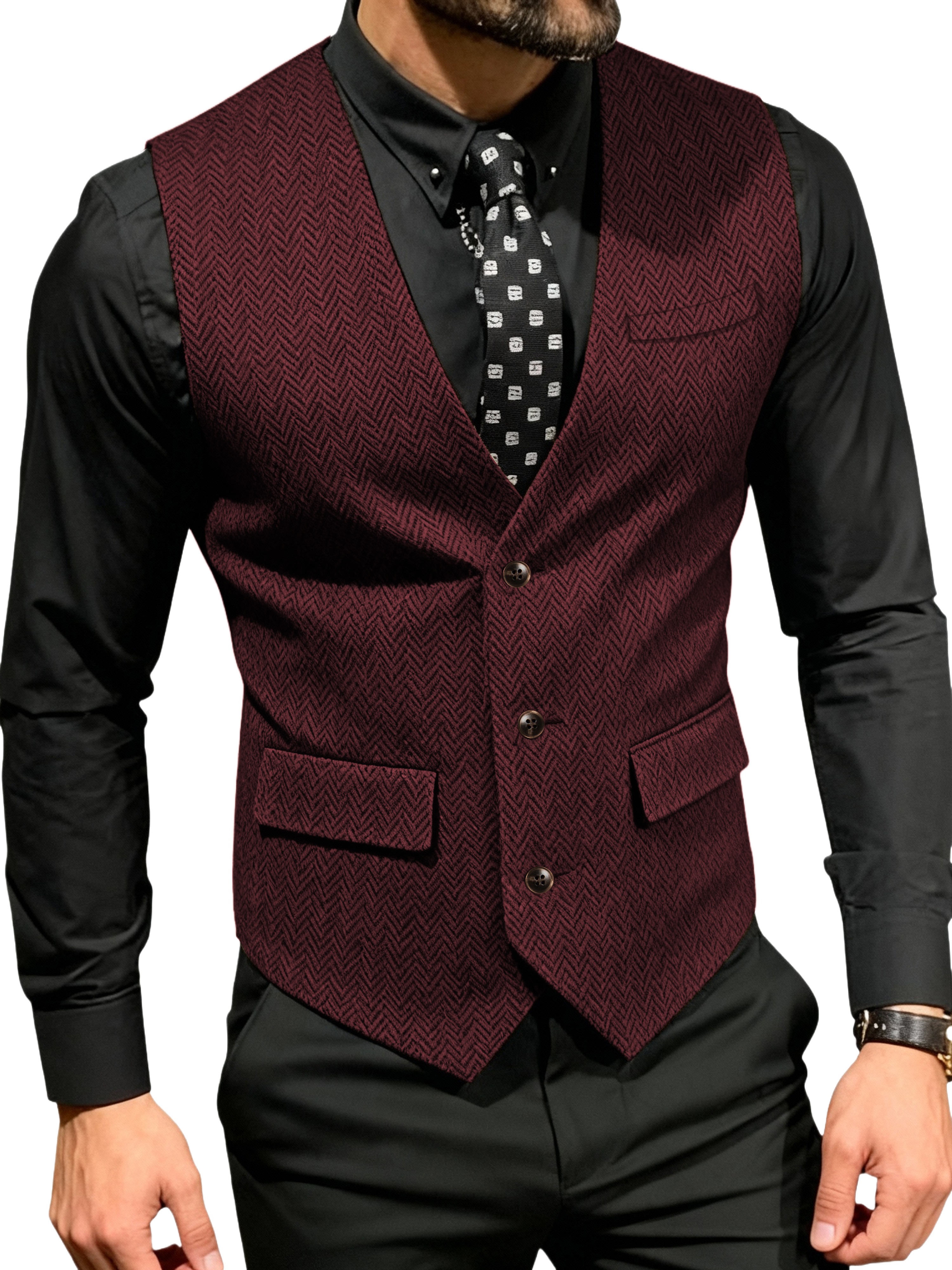 Mens Suit Vest Tweed Retro V Neck Wool Herringbone Waistcoat for Prom