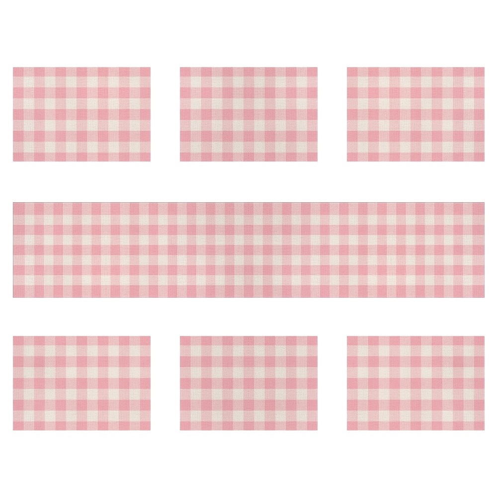 

7pcs Linen Pink And Check Table Runner With 6 Placemats Gingham For Pink Farm Birthday Party Decorations Home Kichen Dining Room Decor 72 Inches Long