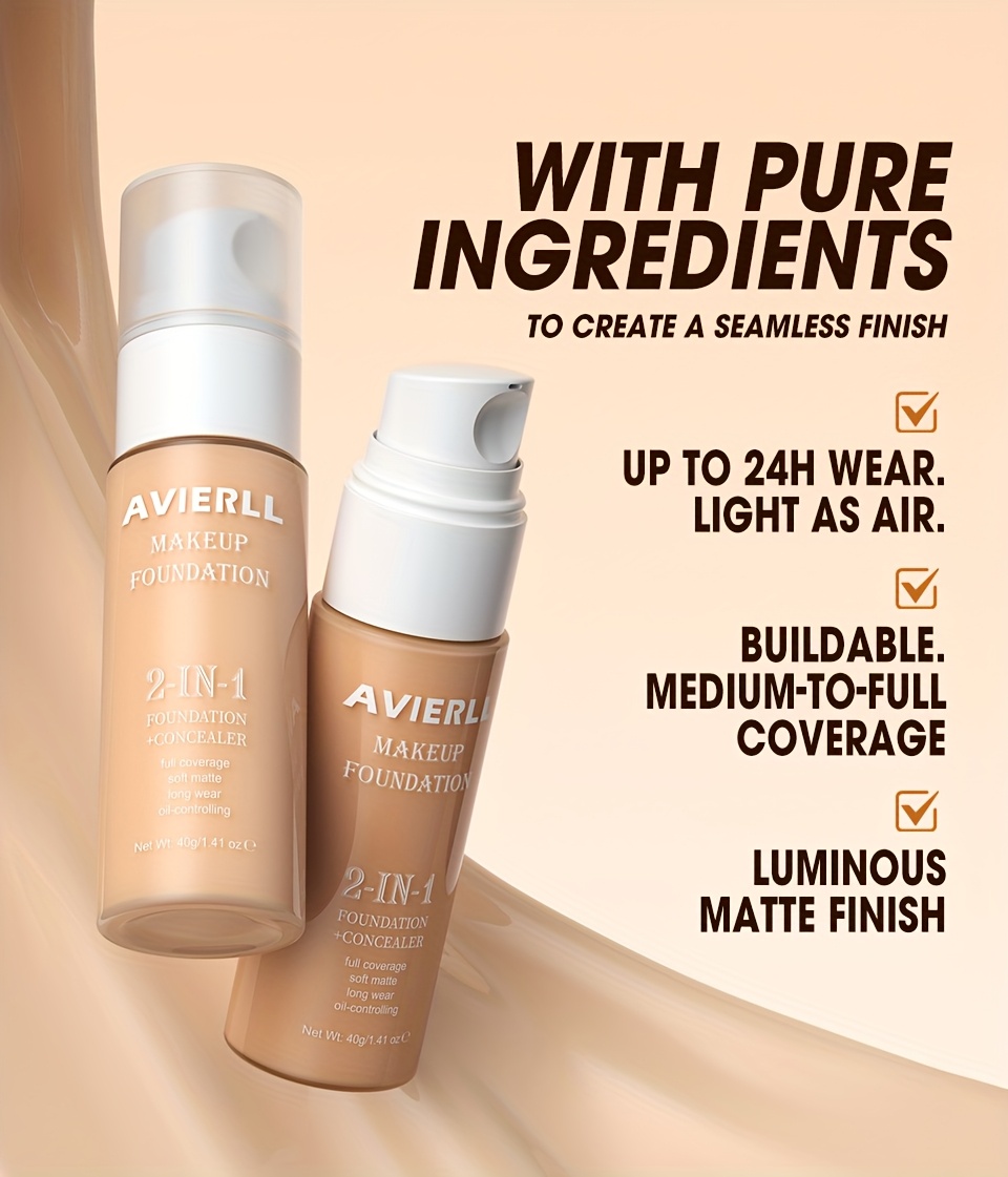 Moisturizing Foundation and Concealer | Waterproof, Suitable for Women'S Makeup, Valentine'S Day Gift, AVIERLL, 40g/1.41 oz, Medium Coverage, Fair to Light Tone
