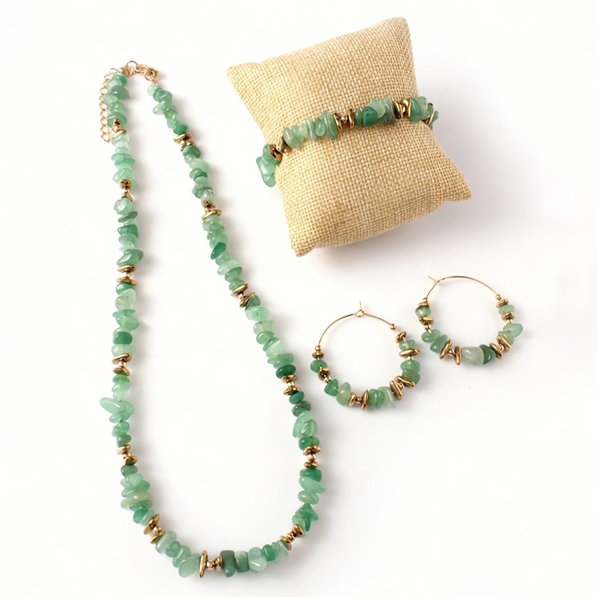 TEMU 3pcs Bohemian Style Green Irregular Stone Bead Earrings, Necklace And Set, Suitable For Daily And Christmas Holiday Gifting