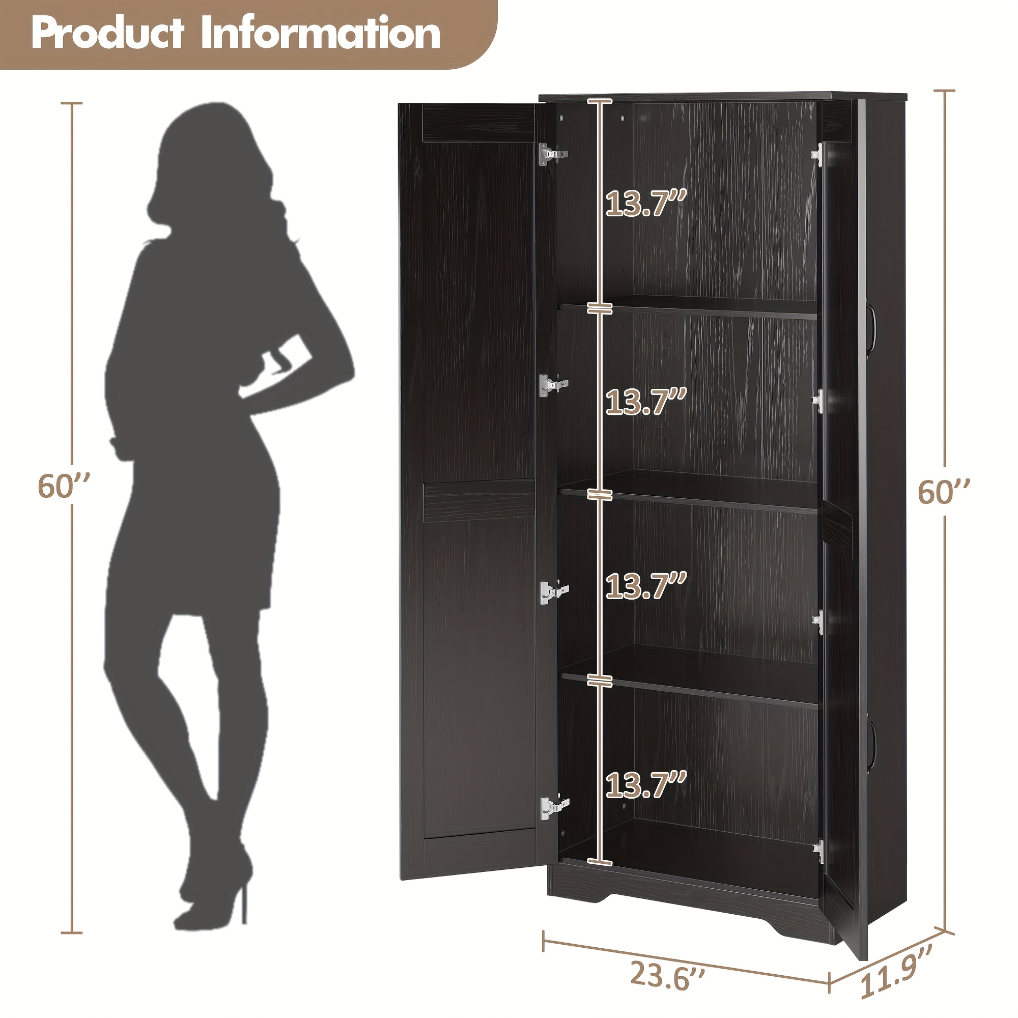 60" Freestanding Pantry Cabinet With Adjustable Shelves, White Kitchen , Modern Food And Bathroom Organizer For Small Spaces, Dining Room