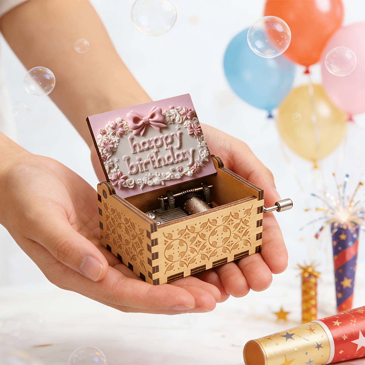 E-shop Spieluhr aus Holz mit rosa Blumen- Schleifendekor, handgekurbelte Melodienbox, -Ornament, kreatives Geburtstagsgeschenk