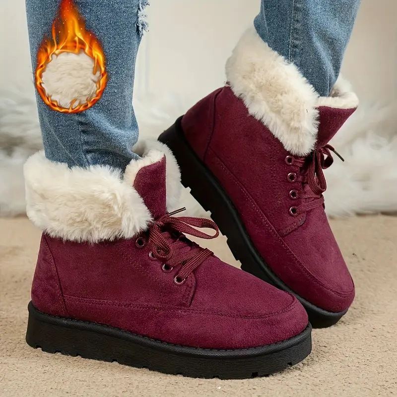 womens winter snow boots with plush collar pu sole slip on lace top warm ankle shoes round toe traction for multi color options black dark cozy cold weather footwear 5 red 9
