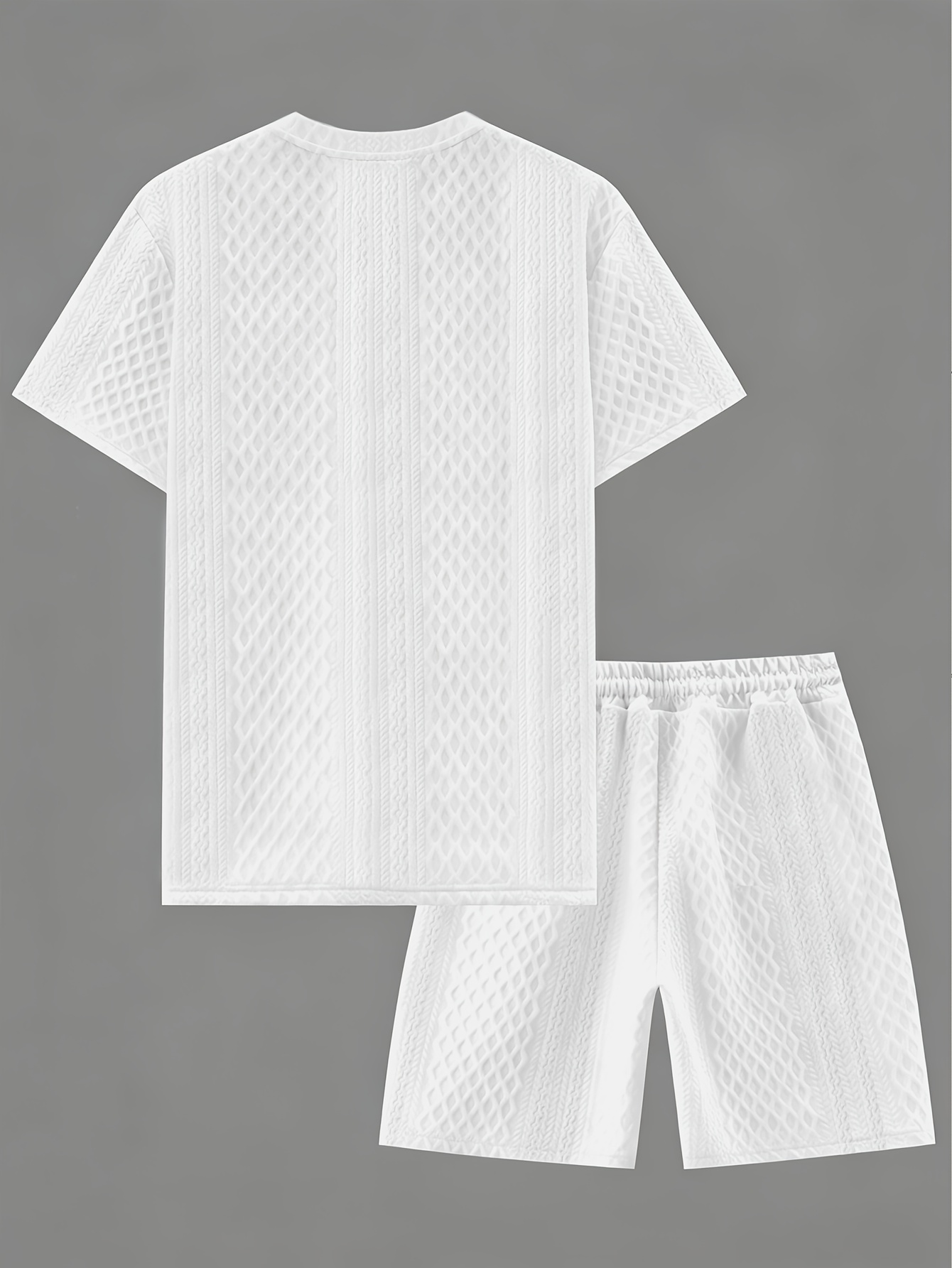 Men's New Textured Fabric Crew Neck T-Shirt + Drawstring Shorts Set