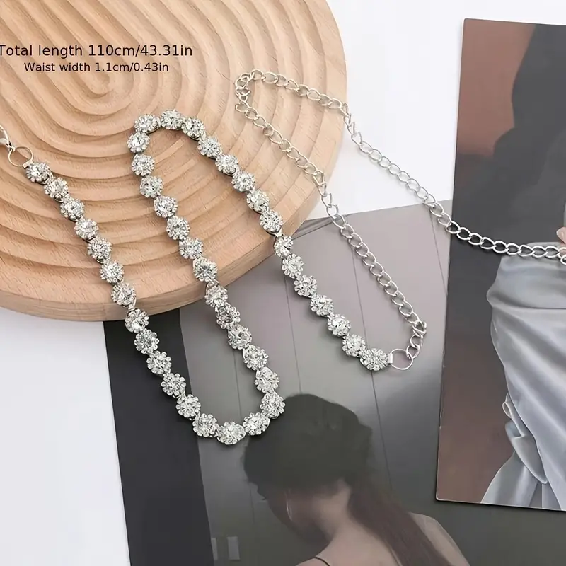 Elegant Big Rhinestone Waist Chain Silvery Shiny Metal Belly Chain  Adjustable Belts Decorative Dress Girdle Body Jewelry For Women