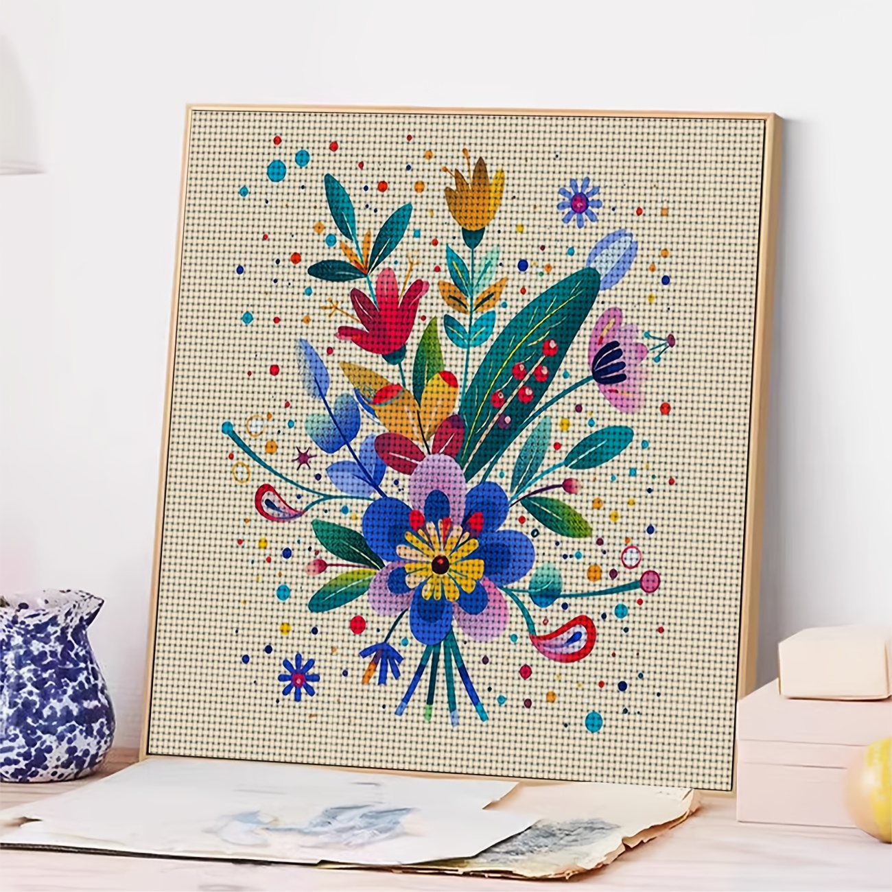 DIY Cross-Stitch Printed Kit, Unframed, Vibrant Floral Design