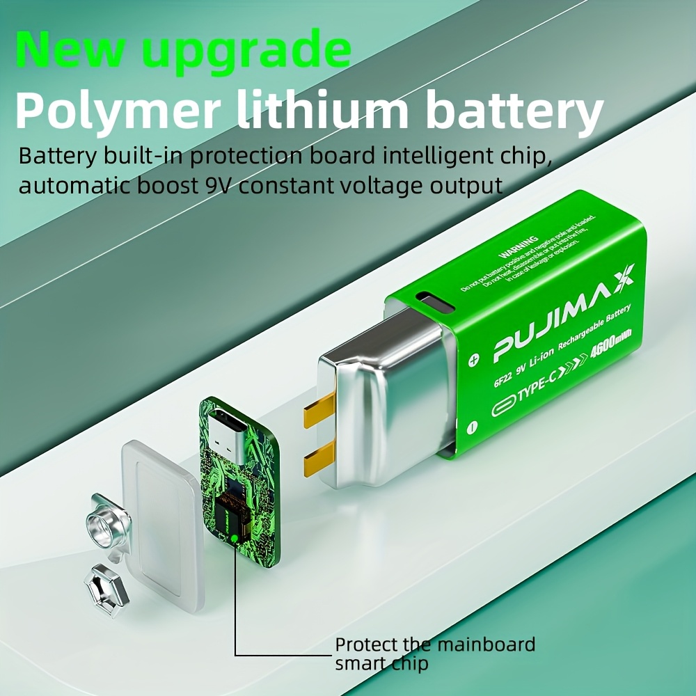 литиевая батарея   9v - высокая емкость 4600mwh, быстрая зарядка usb-c, срок службы 1200 циклов, поставляется с кабелем type-c - подходит для дымовых датчиков, бытовой  , солнечных   Детали 1