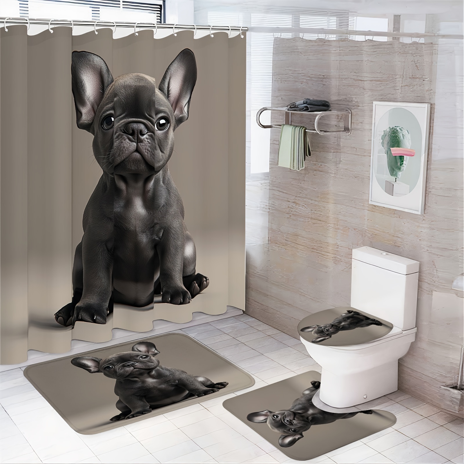 

1/3/4pcs Gray Background Cute Black Bulldog Shower Curtain Set Bathroom Sets With Shower Curtain And Rugs Bathroom Curtain Set Shower Curtain And Rug Set Shower Curtains Christmas