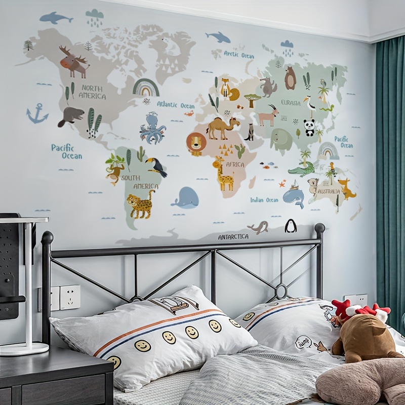 2pcs World Map Animal Wall Stickers 3D Mural Decals for Bedroom, Living  Room, and Zoo Decor Marine Land Creatures