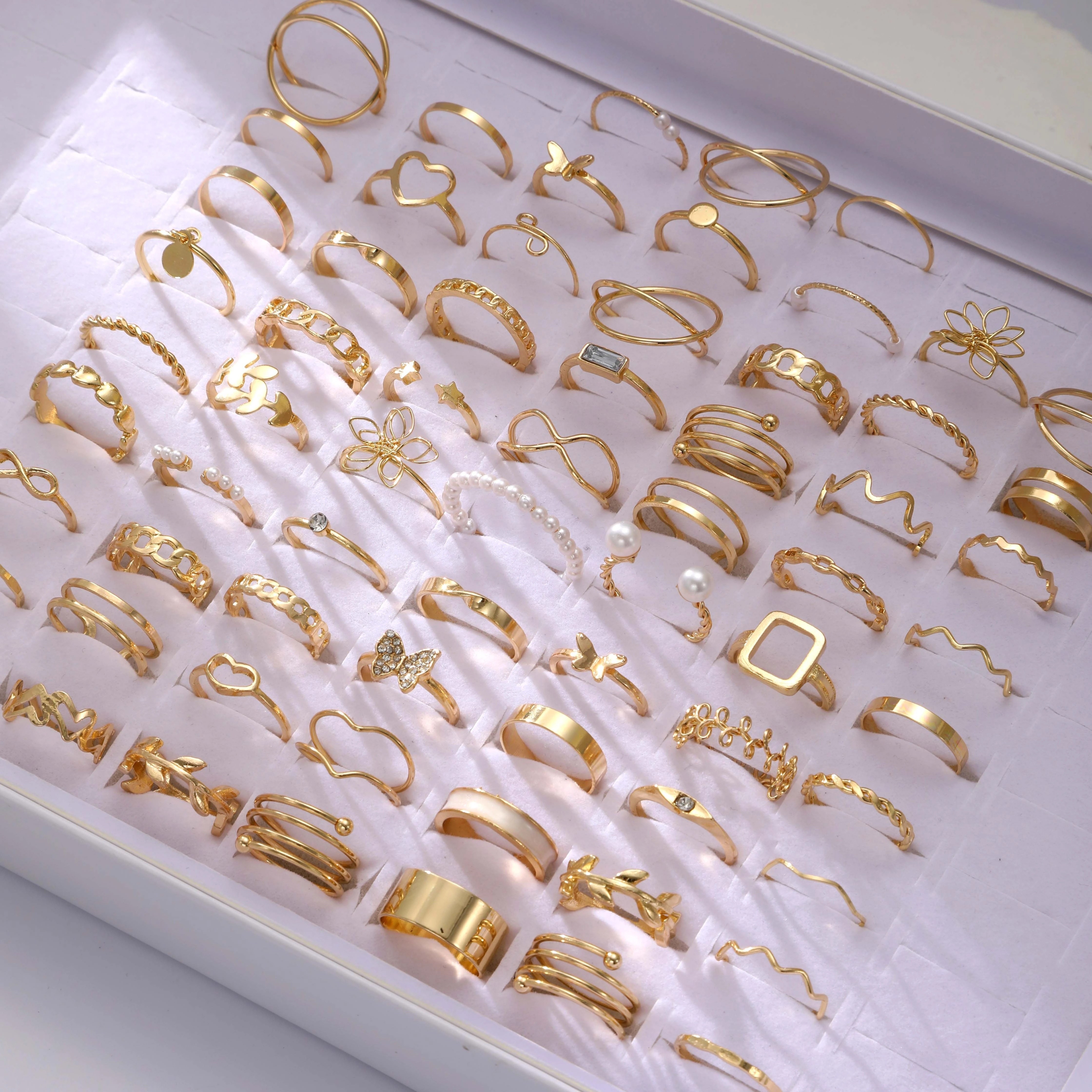 

66-piece Set Of Golden Metal Hollow Stacked Rings Multi-piece Set For Girls To , Fashionable Jewelry, Golden,