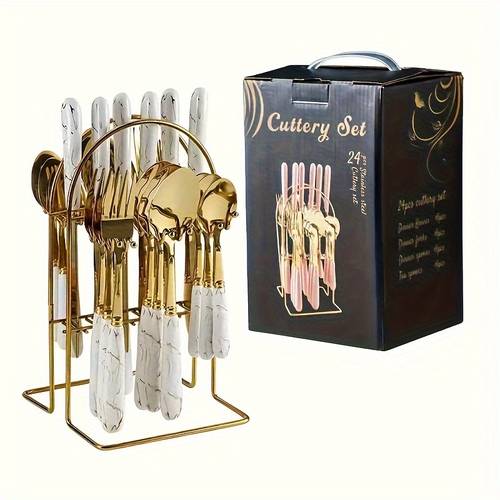 24pcs Cutlery Set, Spoons Forks And Knives All In One Luxury Golden Color With Marble Patterns High-end Tableware For Coffee Ice Cream Dessert Cake, Steak Knives, Hotel Kitchen Household Tableware For Restaurant