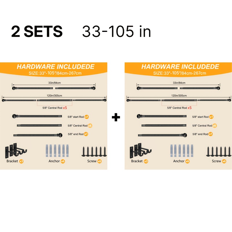 TEMU 4 Sets, 2 Sets, 1set Of Curtain Rods Suitable For Windows Measuring 33-149 Inches, Featuring A 5/8 Inch Decorative Curtain Rod Set In Matte