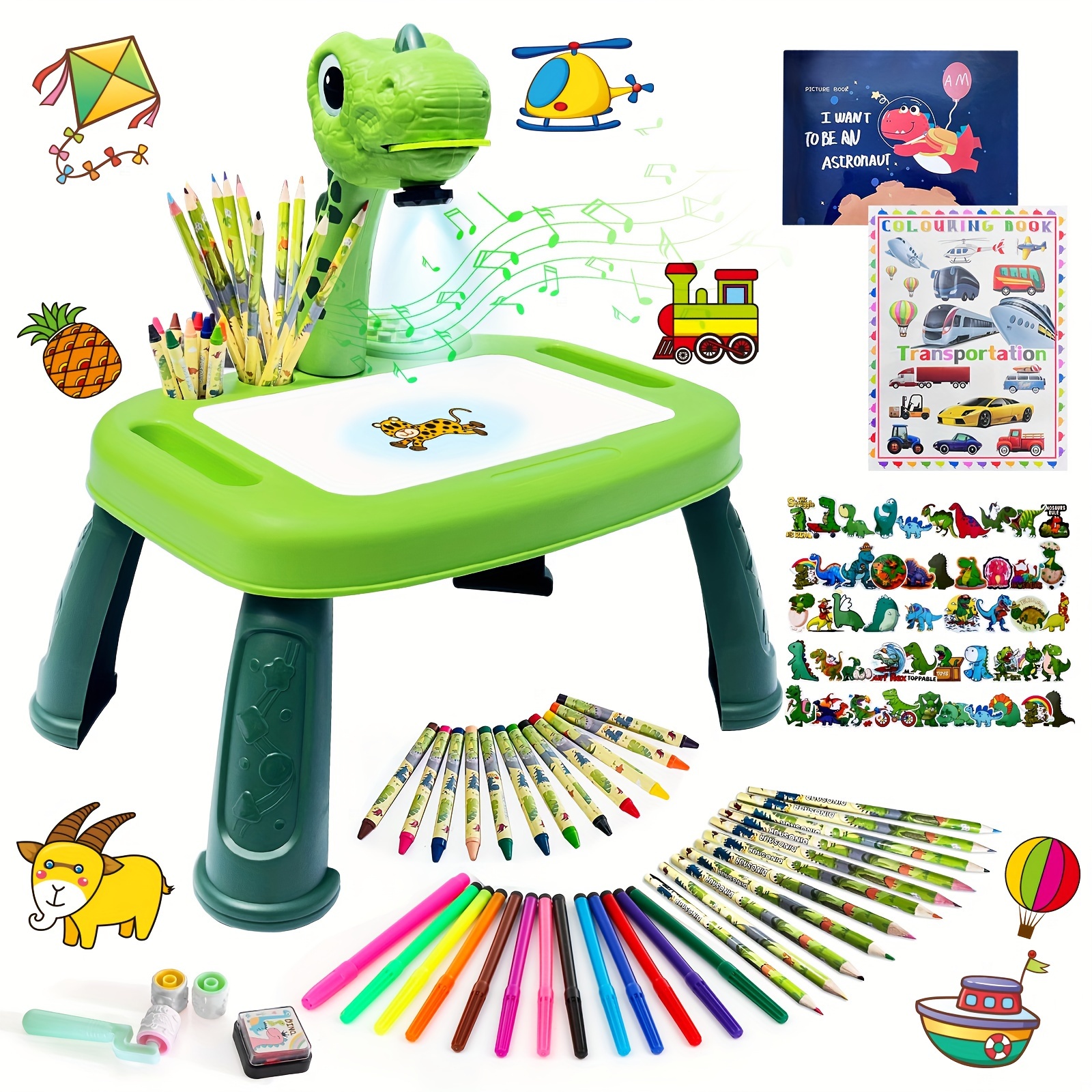 

Dinosaur Drawing Projector, Arts And Crafts For Boys, Contains Drawing Board, Watercolor Pens, Pencils, Crayons, , Sticker Book, Unicorn Stickers, Stamps, , Christmas Gift