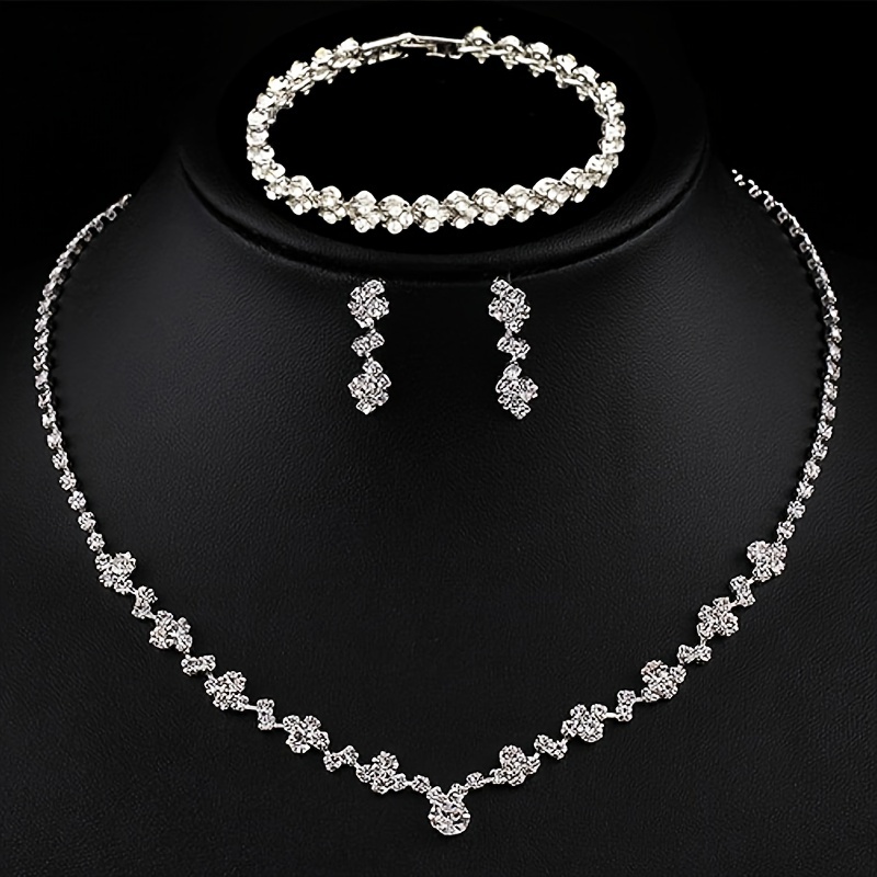 

4pcs Crystal Wedding Jewelry Set, Silver Necklace Earrings Bracelet Crystal Bridal Wedding Jewelry Set Bride Bridesmaids Prom Costume Accessories