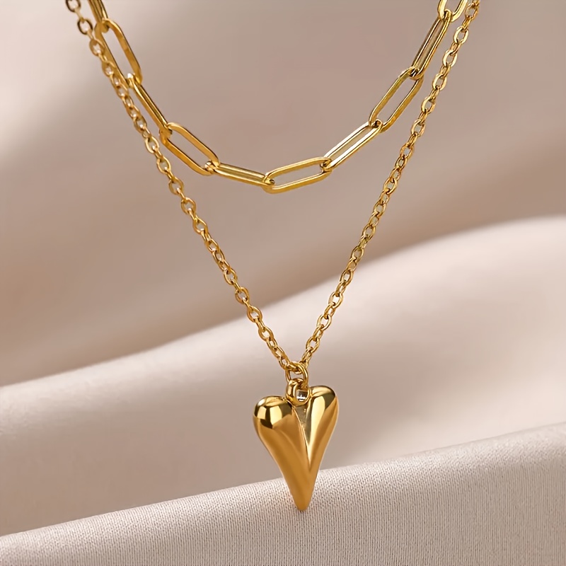 TEMU Elegant Lady Stainless Steel Three-dimensional Love Heart Pendant Casual Vacation Versatile Double-layer Pendant Necklace