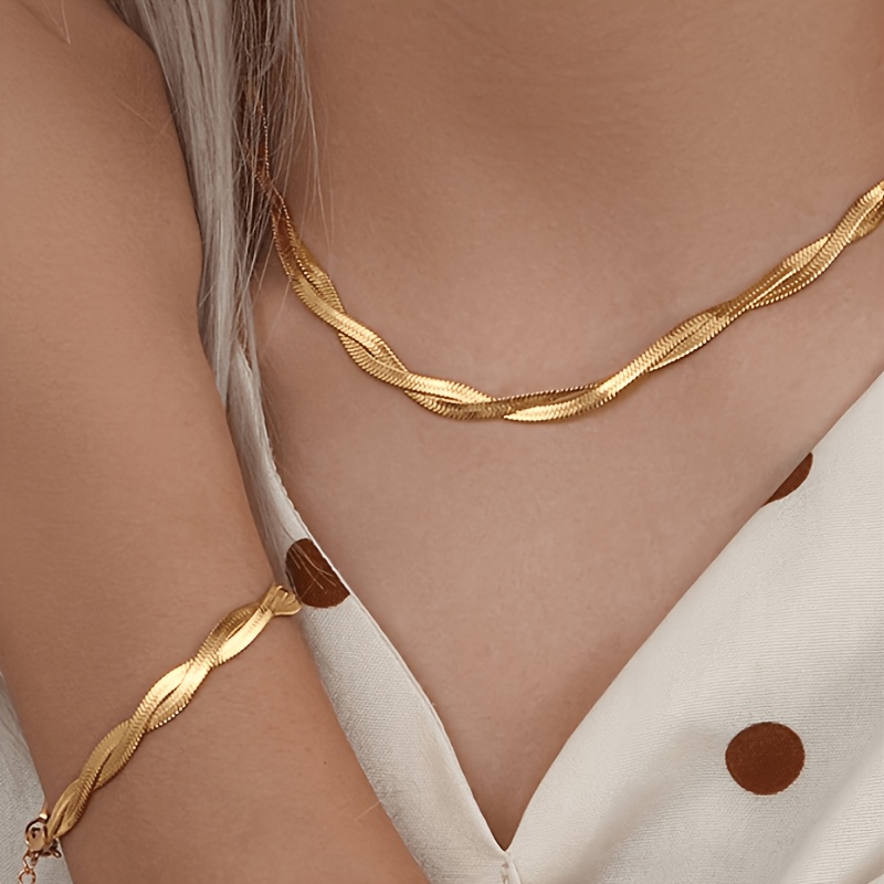 TEMU Znice 2pcs Set 18k Gold-plated Waterproof Non-fading Stainless Steel Jewelry Set, Simple And Unique Versatile Double-layer Blade Chain Necklace,