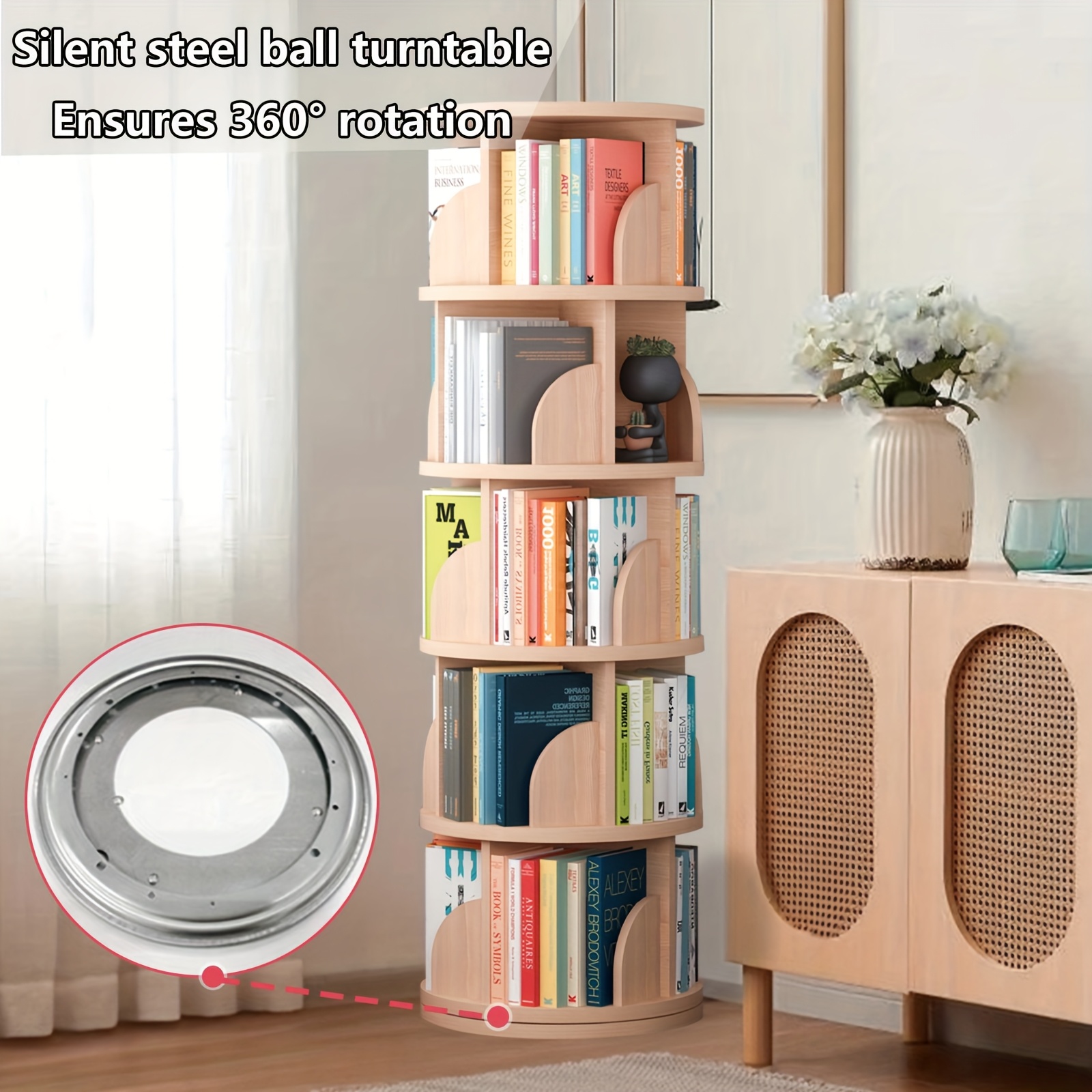 360° Rotating Wooden Book Tower, Spinning Bookshelf with 4/5 Tiers for Office, Living Room, And Room