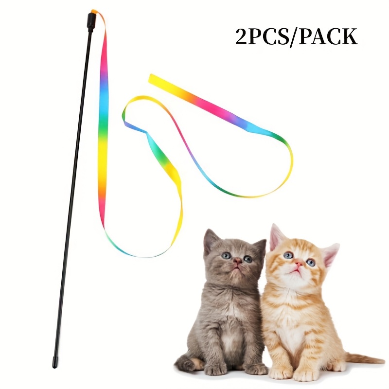 2 bucăți Jucării pentru Pisici cu Panglică Curcubeu - Baghetă Interactivă din Plastic pentru Pisoi, Model Geometric Colorat, Distracție Fără Baterii pentru Pisicile de Interior, Design Vesel, Panglică Colorată