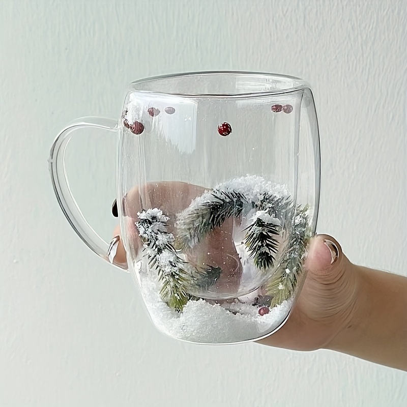 

Festive Christmas Snow Scene Pine Branches Double-walled Glass Mug - Hand Wash Only, Reusable, Suitable For Hot & Cold Drinks