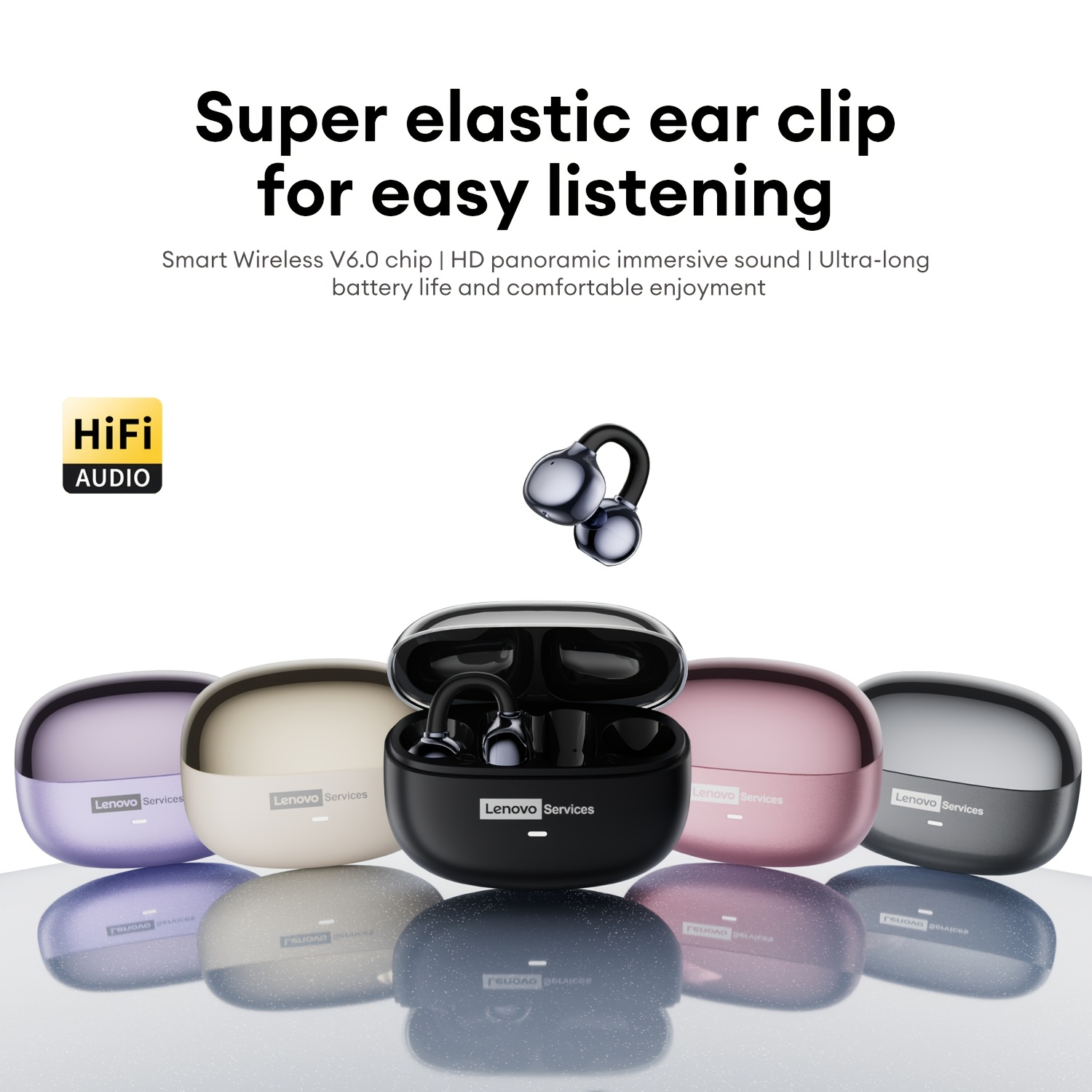 Lenovo Auriculares Inalámbricos Bluetooth de Alta Definición con Sonido Espacial y Clip para la Oreja, Diseño Innovador y Estético para Estudiantes y Amantes de la Moda Urbana, Modelo Popular 2026