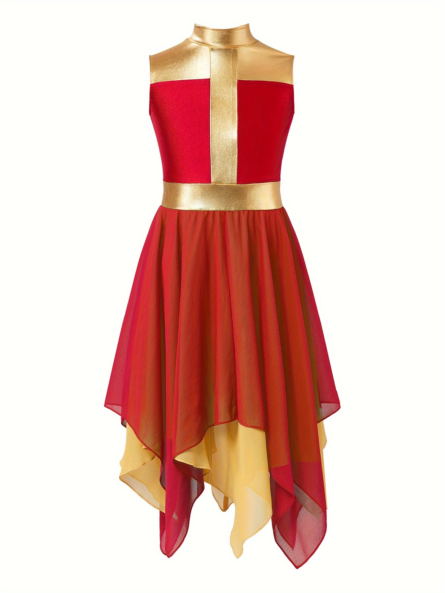 Girls' Sleeveless Praise Dance Dress - Metallic Color Block Lyrical Worship  Costume