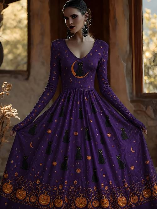 500pcs edition womens dresses sold daily halloween autumn womens purple orange pumpkin lantern and long sleeve v neck waist cinching long dress gothic elegant fashionable versatile for daily use