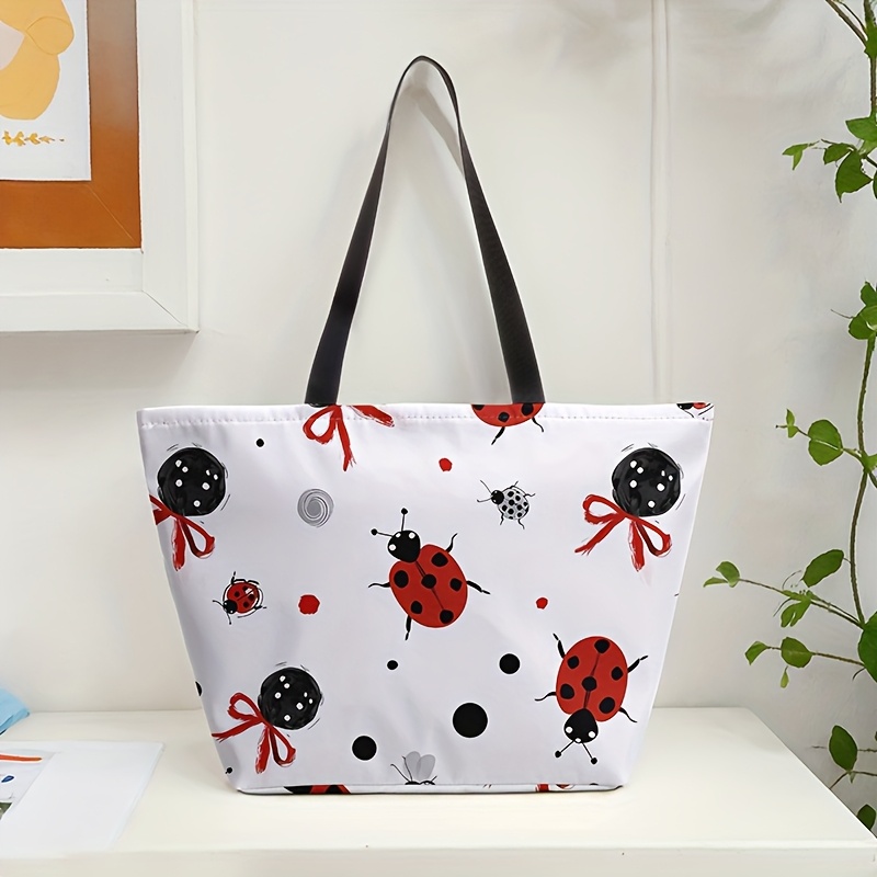 TEMU Star Ladybug Pattern Printed Large Capacity Tote Bag, Commuting Single Shoulder Backpack With Zipper Closure, Suitable For Spacious Bags For Gym/beach/work Travel
