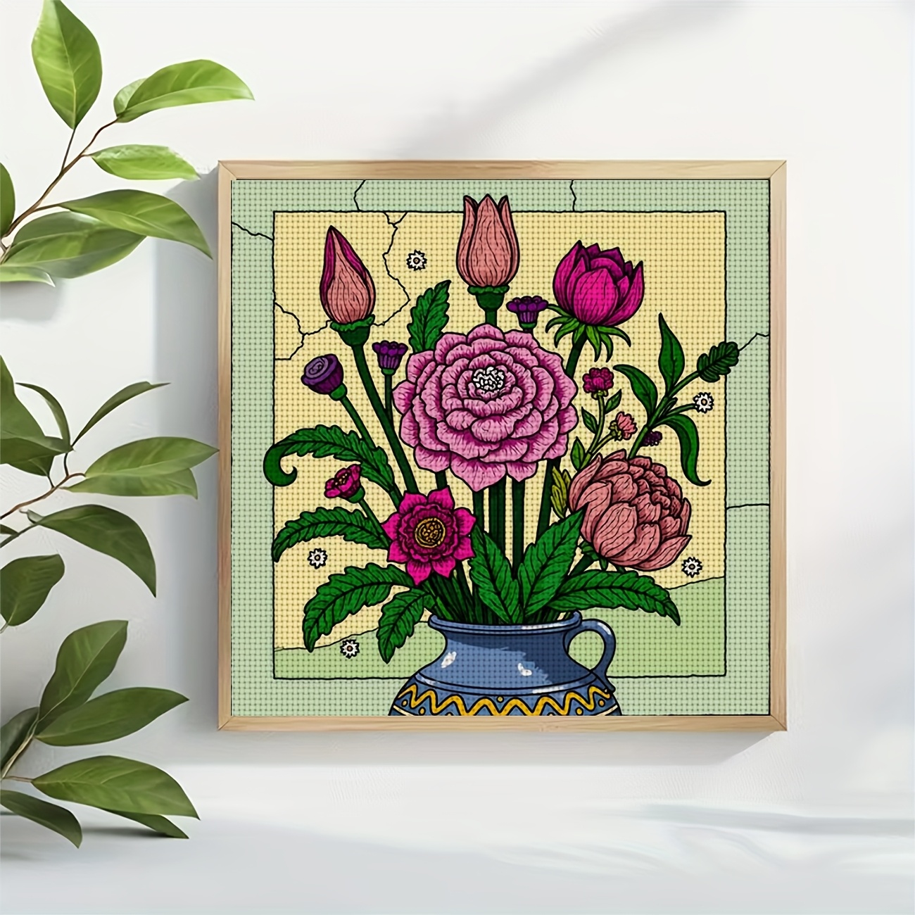 DIY Cross Stitch Print Kit, Frameless, "Blue Vase with Fresh Flowers" Pattern