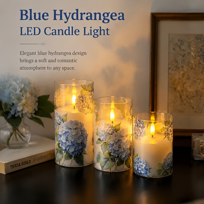 TEMU Hydrangea Flameless Candles, Battery Operated (batteries Not Included), Romantic Couple Flickering Pillar Candles, Suitable For Wedding Trays,